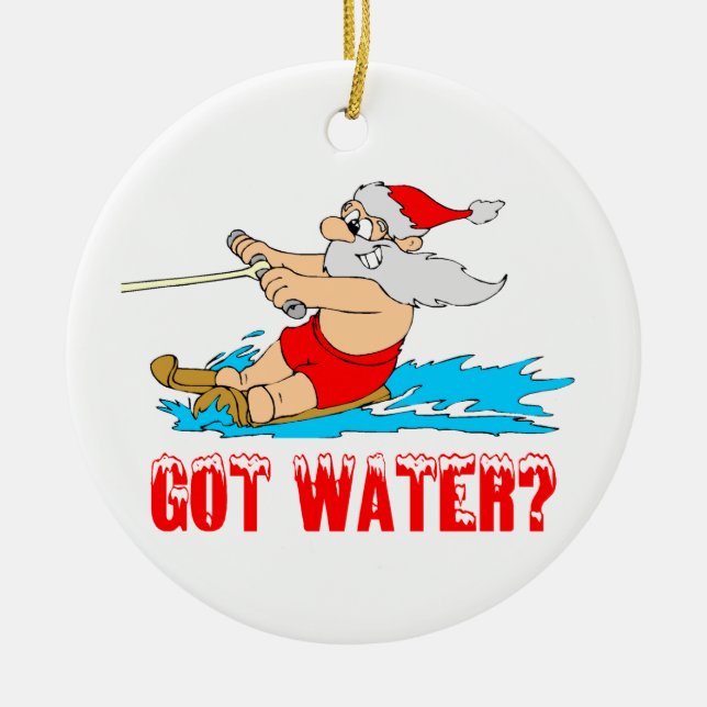 Waterskiing Santa Claus Ceramic Ornament (Front)