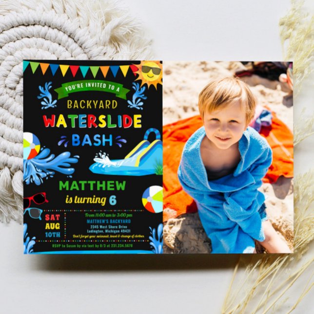 Waterslide Bash Summer Boy Birthday Party Photo Invitation (Waterslide Bash Summer Boy Birthday Party Photo Invitation)