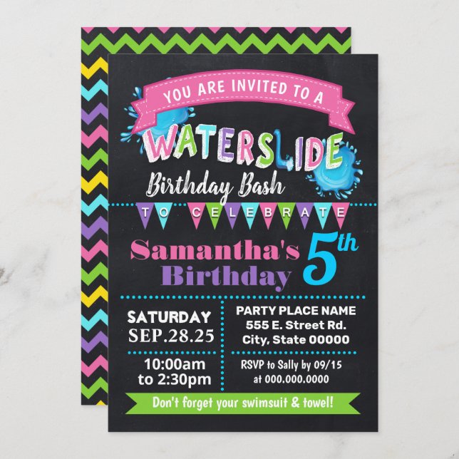 Waterslide birthday summer party chalkboard pink invitation (Front/Back)