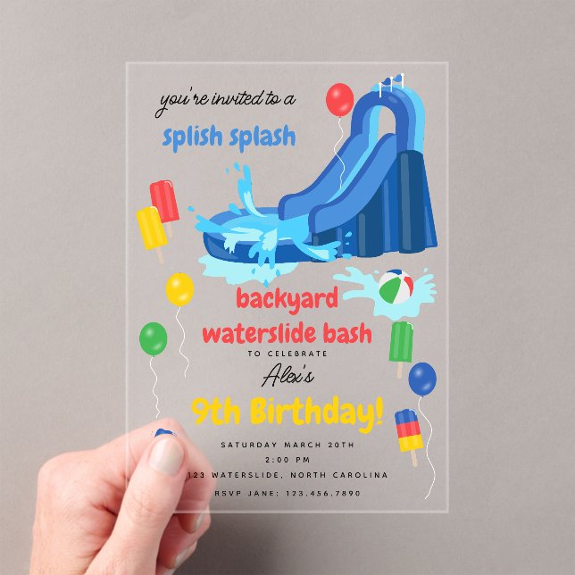 Waterslide Kids Summer Splish Splash Birthday Acrylic Invitations (Insitu (Handheld))