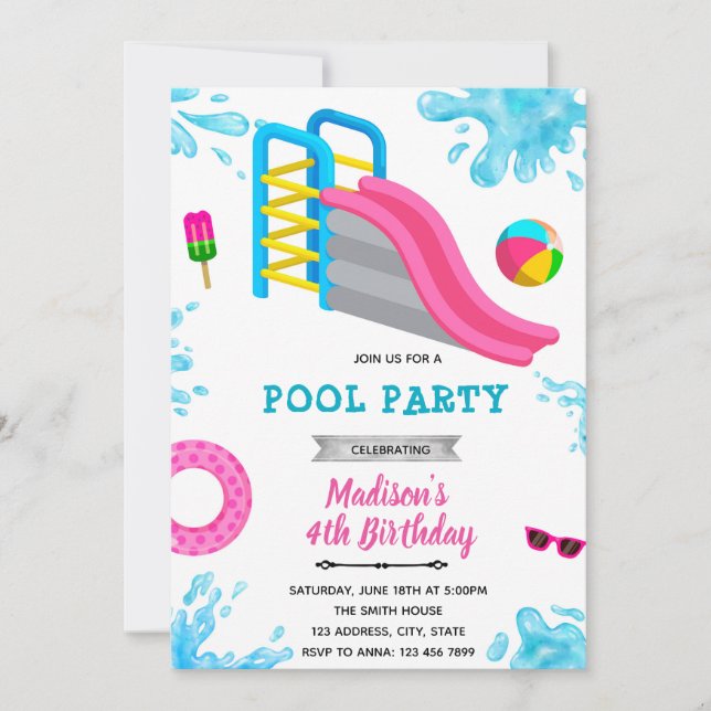 Waterslide party birthday invitation  (Front)