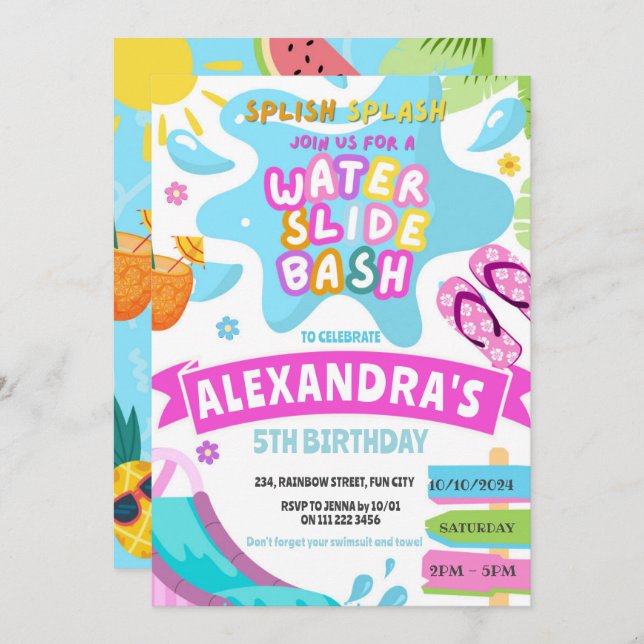 Waterslide Water Slide Park Splash Girl Birthday Invitation (Front/Back)
