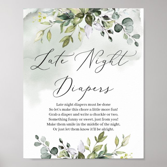 Watrcolor eucalyptus greenery late night diapers poster (Front)