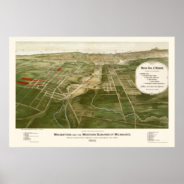 Wauwatosa, WI Panoramic Map - 1892 Poster (Front)