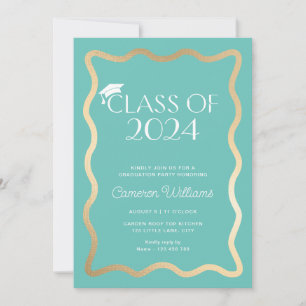 Wave Aqua Gold Graduation Party Invitation