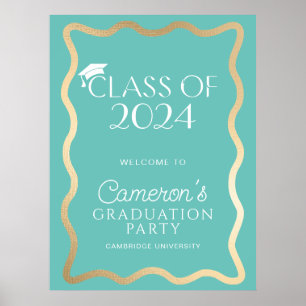 Wave Aqua Gold Graduation Party Welcome Poster