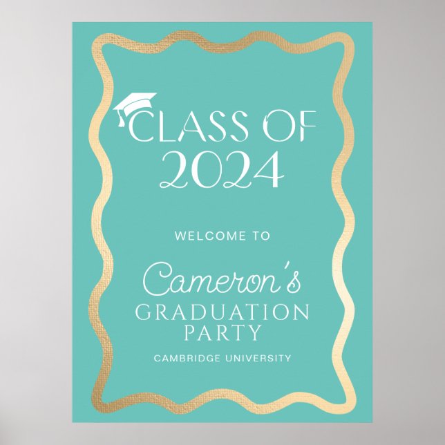 Wave Aqua Gold Graduation Party Welcome Poster (Front)
