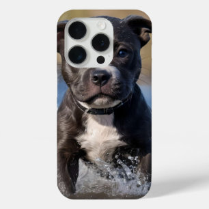 "Wave Chaser: A Staffy Puppy at Play in the Ocean" iPhone 15 Pro Case