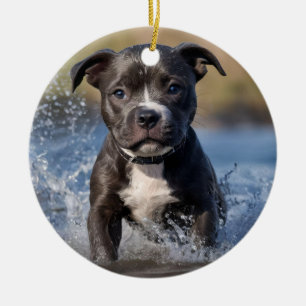 "Wave Chaser: A Staffy Puppy at Play in the Ocean" Ceramic Ornament