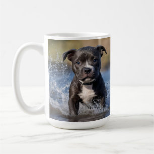 "Wave Chaser: A Staffy Puppy at Play in the Ocean" Coffee Mug