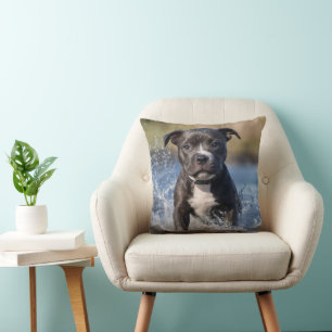 "Wave Chaser: A Staffy Puppy at Play in the Ocean" Cushion