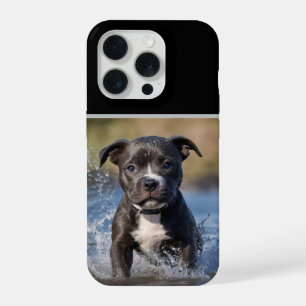 "Wave Chaser: A Staffy Puppy at Play in the Ocean" iPhone 15 Pro Case