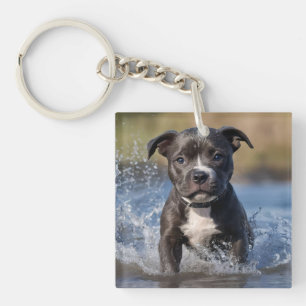 "Wave Chaser: A Staffy Puppy at Play in the Ocean" Key Ring