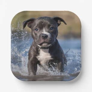 "Wave Chaser: A Staffy Puppy at Play in the Ocean" Paper Plate