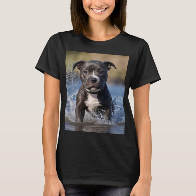 "Wave Chaser: A Staffy Puppy at Play in the Ocean" T-Shirt (Front)