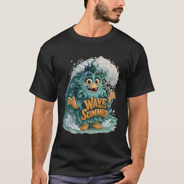 Wave Hello Summer Cute Ocean Monster T-Shirt (Front)