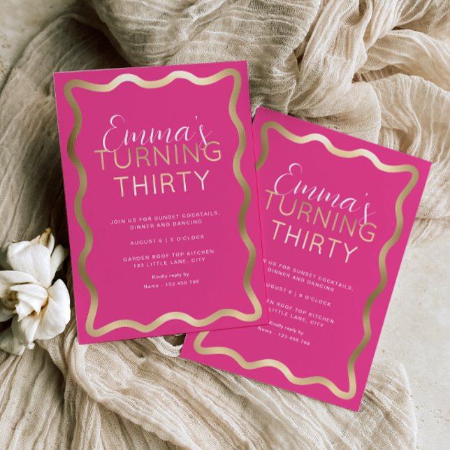 Wave Hot Pink Birthday Foil Invitation (Wave Hot Pink Gold Birthday Invitation)