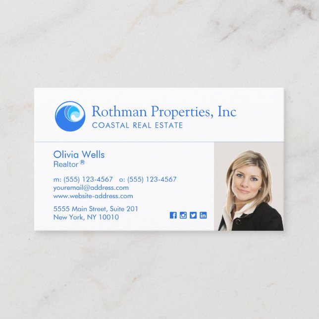 Wave Logo  Real Estate Agent Photo Business Card (Front)