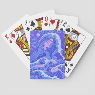 Wave, Mermaid, Fantasy Art Asian Girl, Blue & Pink Playing Cards