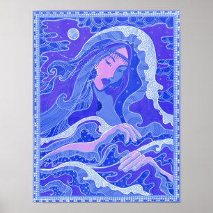 Wave, Mermaid, Fantasy Art Asian Girl, Blue & Pink Poster