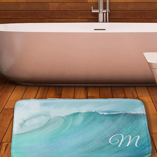 Wave Ocean Aqua Beach Blue Modern Scene Bath Mat (Creator Uploaded)