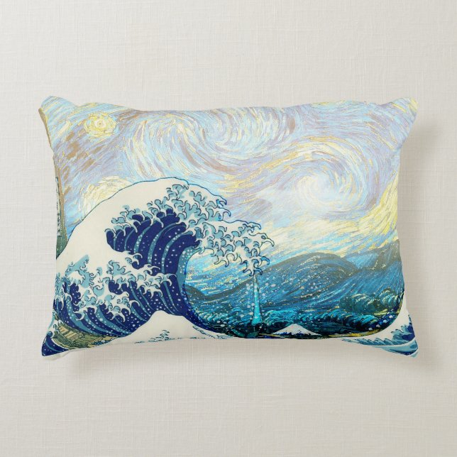 WAVE OF KANAGAWA IN STARRY NIGHT BACKGROUND DECORATIVE CUSHION (Front)