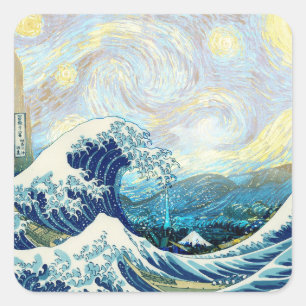 WAVE OF KANAGAWA IN STARRY NIGHT BACKGROUND SQUARE STICKER