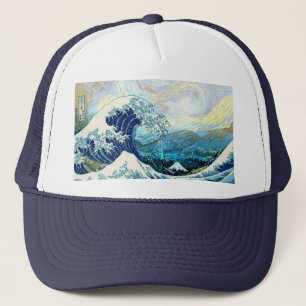 WAVE OF KANAGAWA IN STARRY NIGHT BACKGROUND TRUCKER HAT