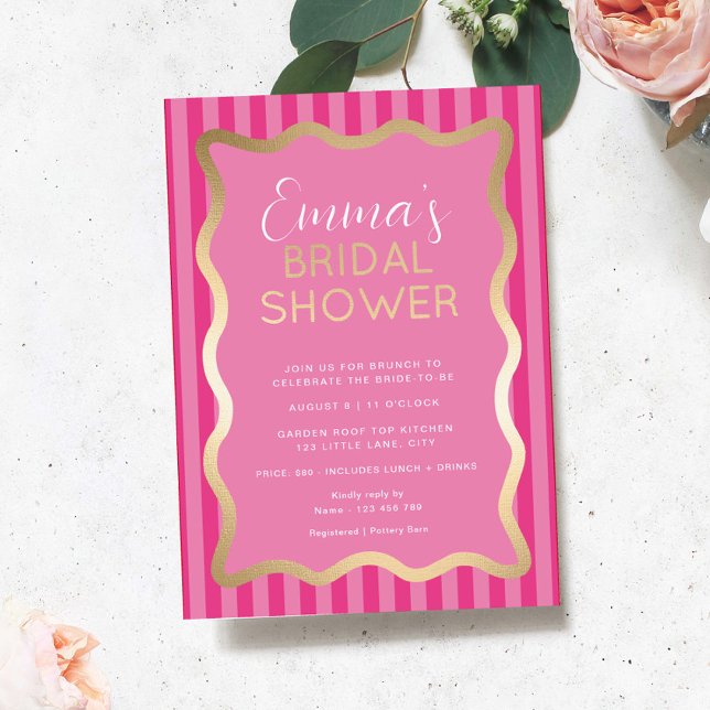 Wave Pink Hot Pink Stripe Bridal Shower (Pink Hot Pink Stripe Wave Gold Bridal Shower Invitation )