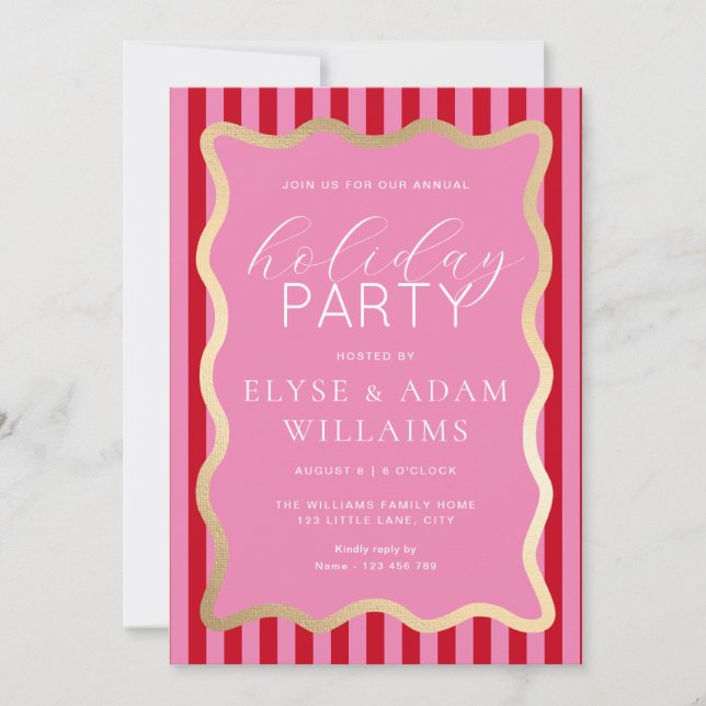 Wave Pink Red Gold Stripe Christmas Holiday Party Invitation (Front)