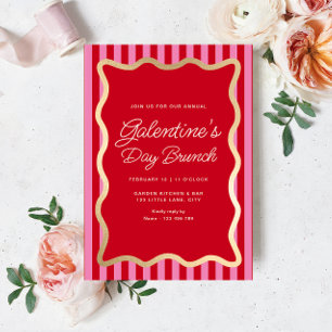 Wave Red Pink Stripe Galentine's Day Brunch Invitation