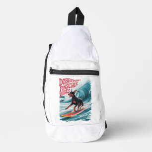 Wave Rider: Doberman Pinscher Dog Surfing in Style Sling Bag