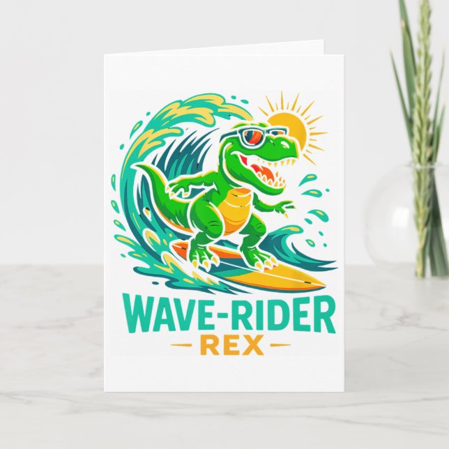 Wave-rider Rex Funny Surfing Dinosaur T-rex Summer Card (Front)
