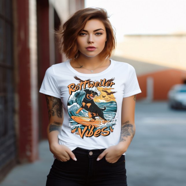 Wave Rider Rottweiler Dog Surfing Adventure T-Shirt (Creator Uploaded)