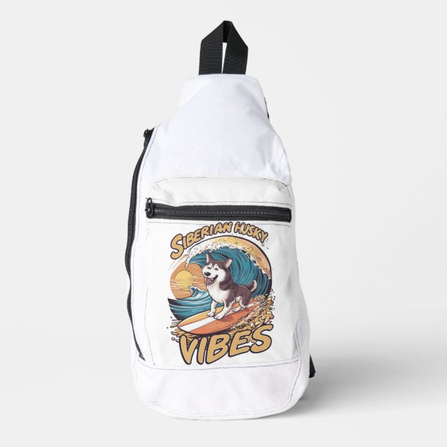 Wave Rider: Siberian Husky Dog Catching Waves Sling Bag (Front)