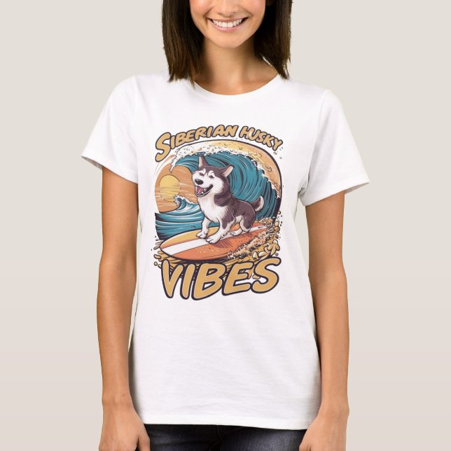 Wave Rider: Siberian Husky Dog Catching Waves T-Shirt (Front)