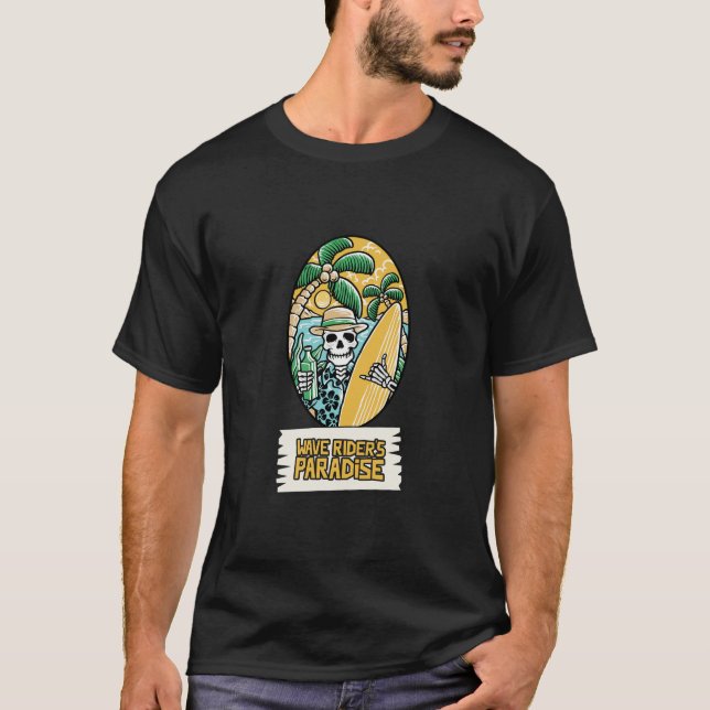 Wave Rider's Paradise Skeleton Surfer T-Shirt (Front)