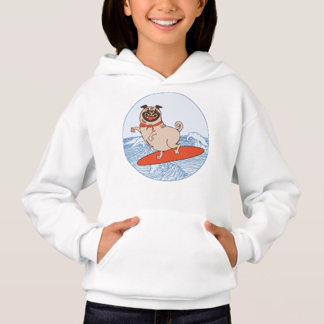Wave riding happy pug dog on surfboard (Front)