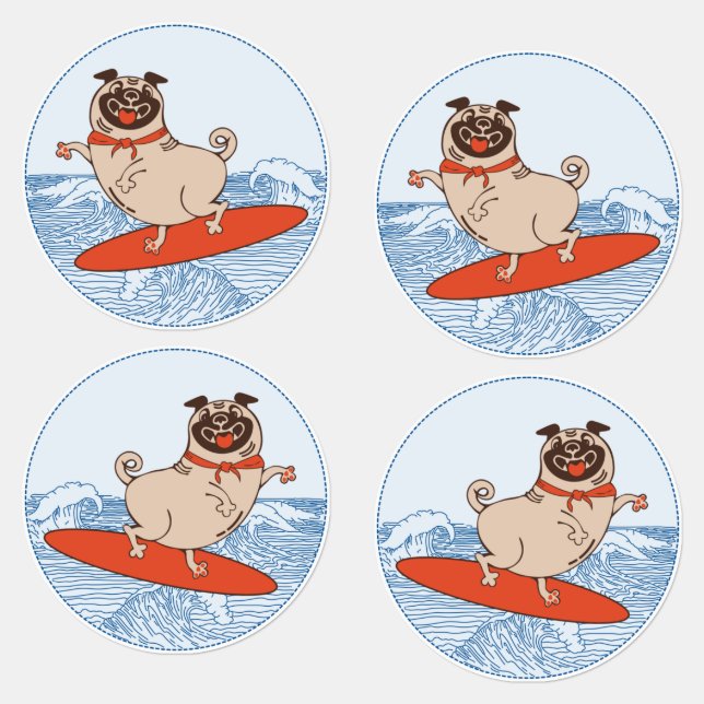 Wave riding happy pug dog on surfboard  (Group)