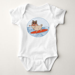 Wave riding happy pug dog on surfboard baby bodysuit