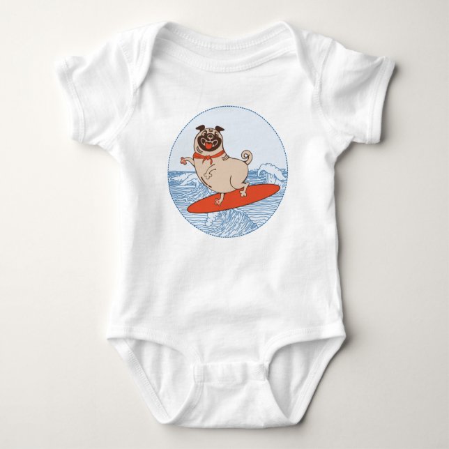 Wave riding happy pug dog on surfboard  baby bodysuit (Front)