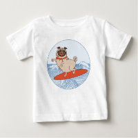 Wave riding happy pug dog on surfboard 