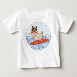 Wave riding happy pug dog on surfboard  baby T-Shirt