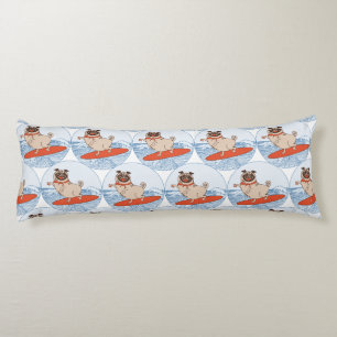 Wave riding happy pug dog on surfboard body cushion