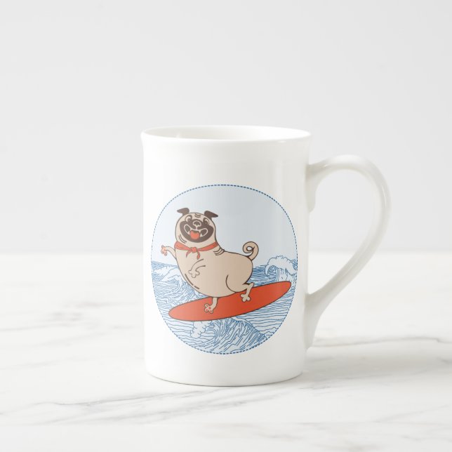 Wave riding happy pug dog on surfboard  bone china mug (Right)