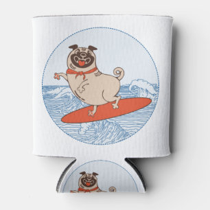 Wave riding happy pug dog on surfboard can cooler