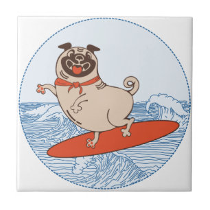 Wave riding happy pug dog on surfboard   ceramic tile