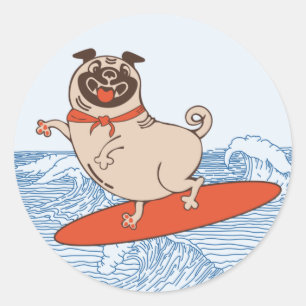 Wave riding happy pug dog on surfboard classic round sticker