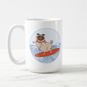 Wave riding happy pug dog on surfboard   coffee mu mug