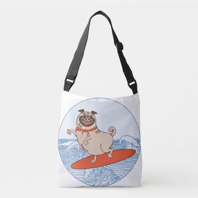 Wave riding happy pug dog on surfboard crossbody bag (Front)